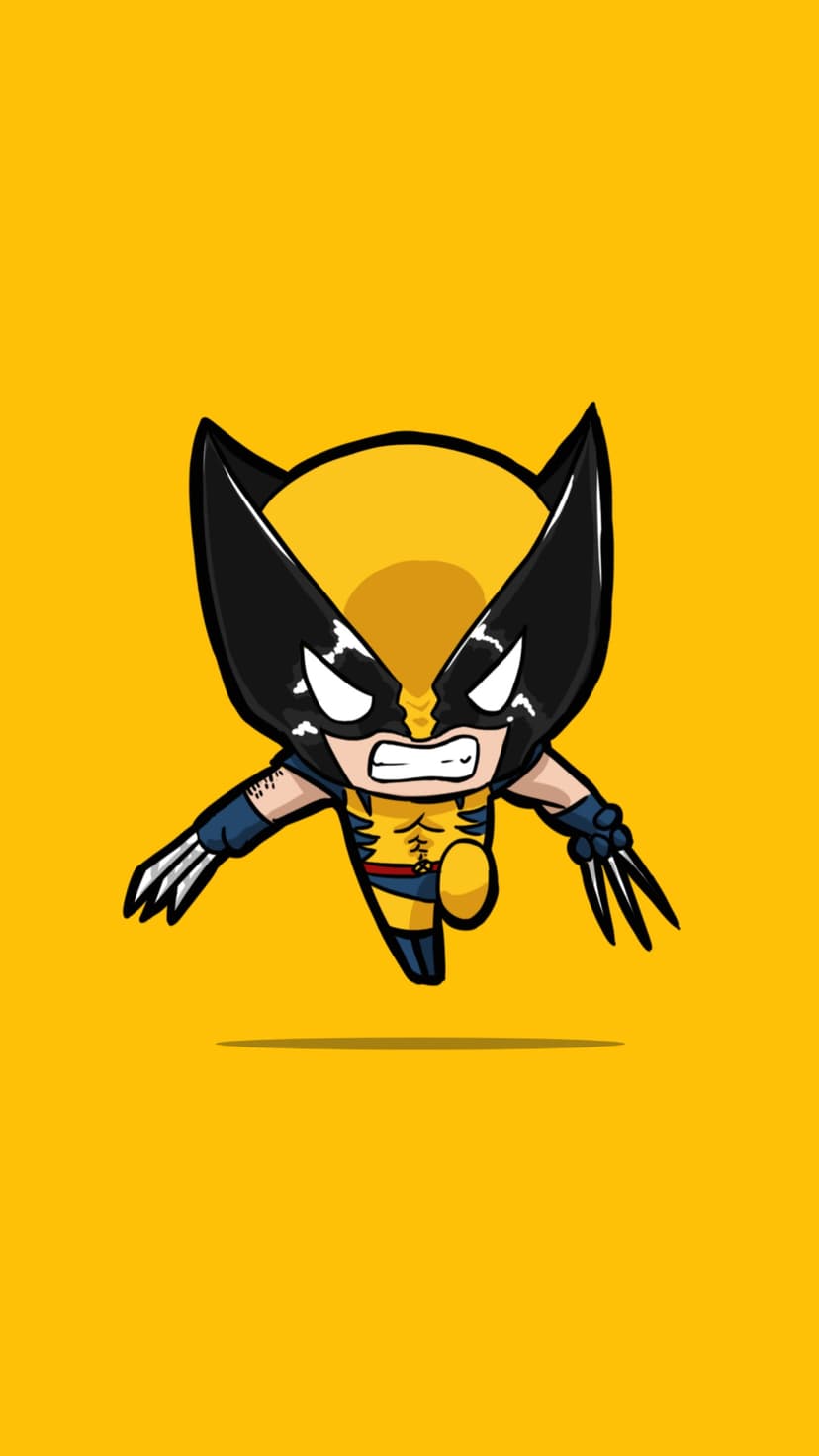 Wolverine crouches with unsheathed silver claws against a flat yellow backdrop wearing a blue and yellow cowl.
