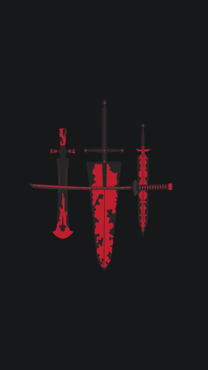 Three black gothic swords with vibrant red blood splatters stand vertically against a solid dark background.