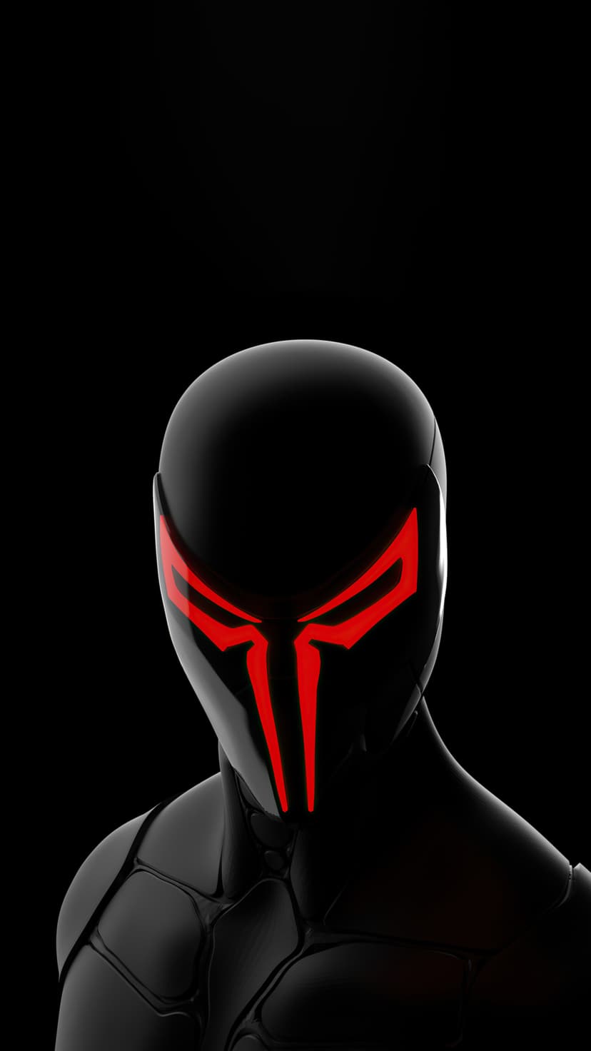 Cybernetic soldier wearing black segmented armor with glowing red eyes positioned on a dark tactical face mask.