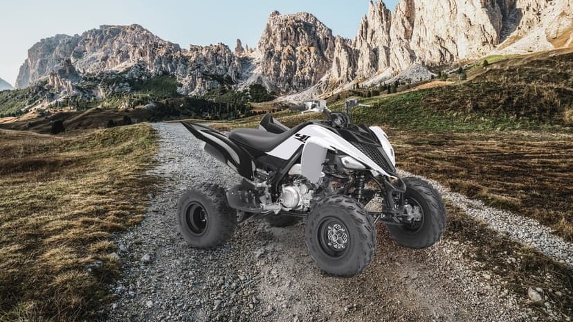 White and black sport quad bike parked on a gravel path with rugged mountain peaks in the background.