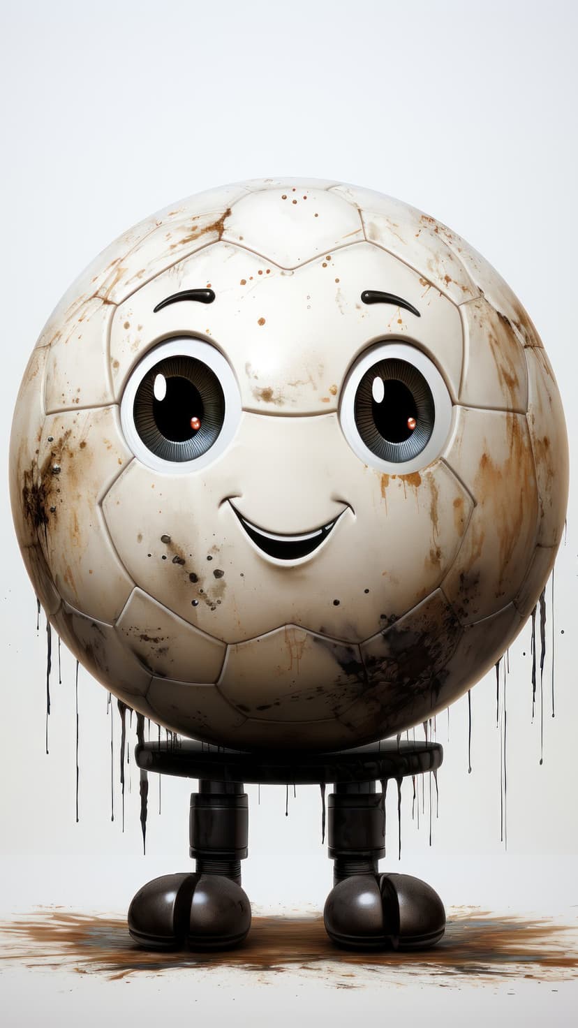 Grinning soccer ball character with dirty panels and robotic legs standing on a stool over a splattered floor.