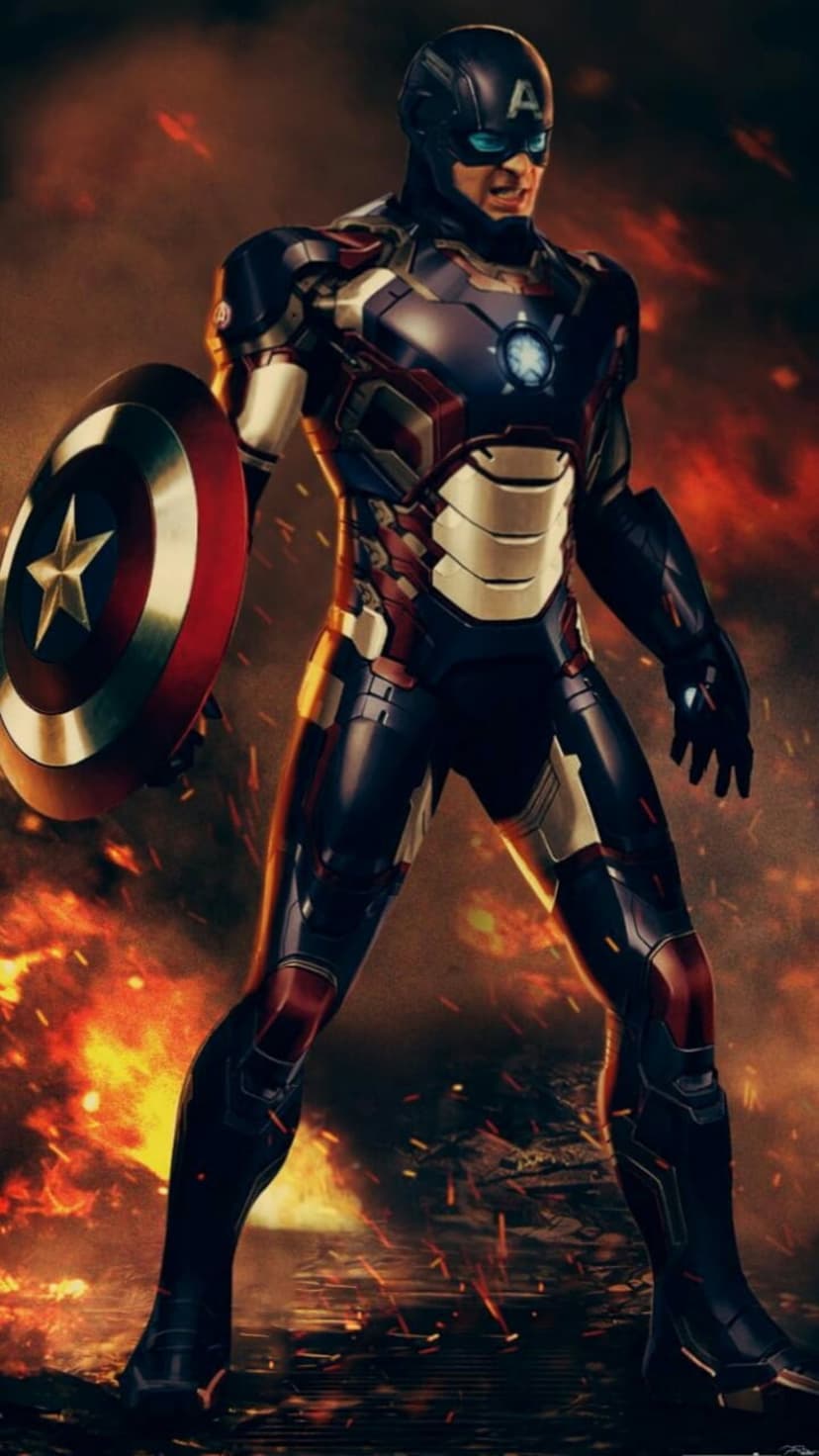 Fused superhero in red and blue power armor holds a shield amidst an explosion of fire and orange embers.