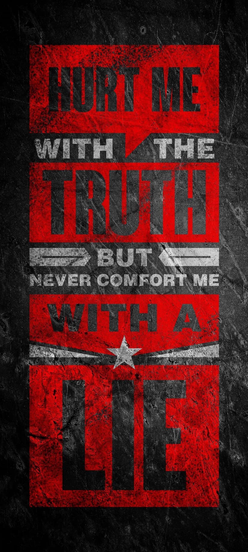 Bold distressed text stating 'Hurt me with the truth' on a dark textured background with subtle red paint splatters.