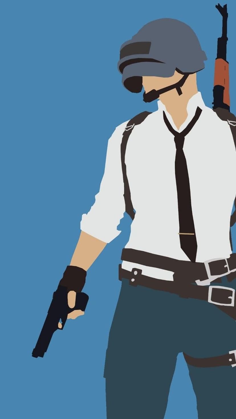 Soldier in a white shirt and helmet holds a pistol against a solid blue background with a rifle on his back.