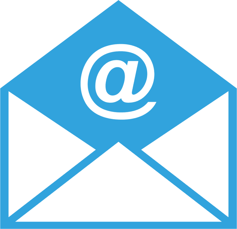 Blue email symbol icon featuring a white at sign on a glossy envelope flap against a transparent background.