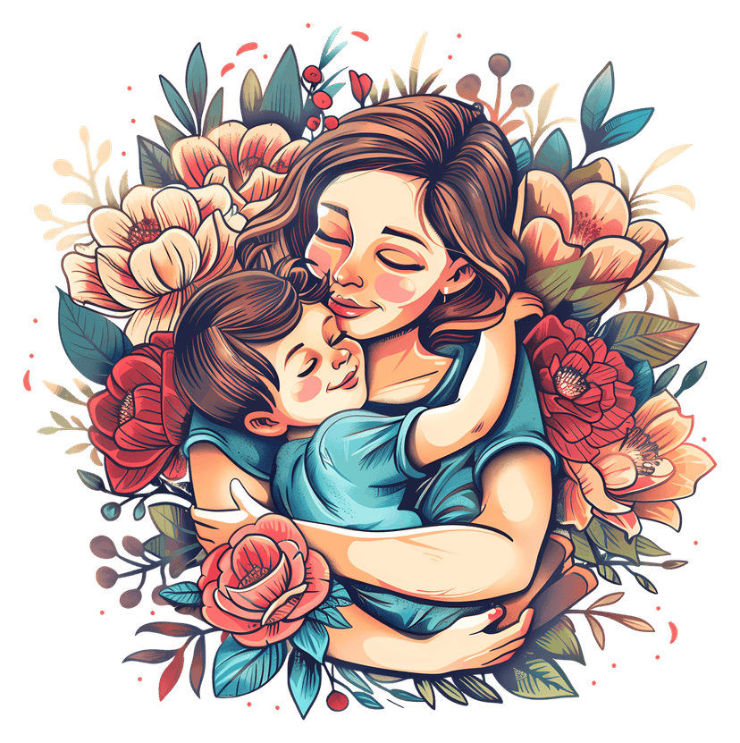 Mother and child illustration surrounded by colorful flowers and green leaves in a soft watercolor style.