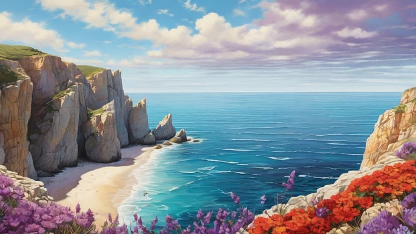Purple and orange wildflowers grow on a rocky cliff overlooking a turquoise sea and sandy beach at midday.