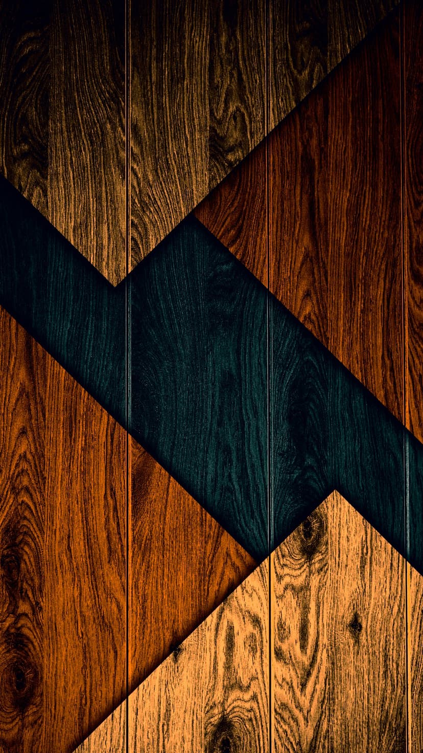 Intersecting teal panels and textured brown wood grain form a modern geometric pattern with sharp clean lines.