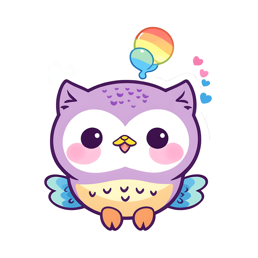 Purple owl vector sticker features large eyes, yellow beak, pink hearts, and a rainbow bubblegum bubble.