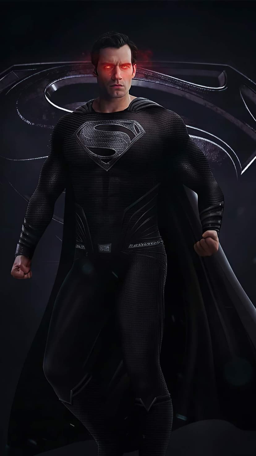 Henry Cavill as Superman wears a textured black suit with glowing red eyes against a dark, shadowy background.