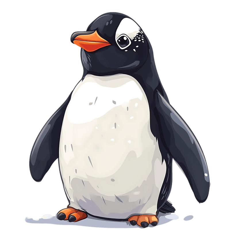 Penguin character with orange beak and feet standing on snow featuring a white chest with gray speckles.