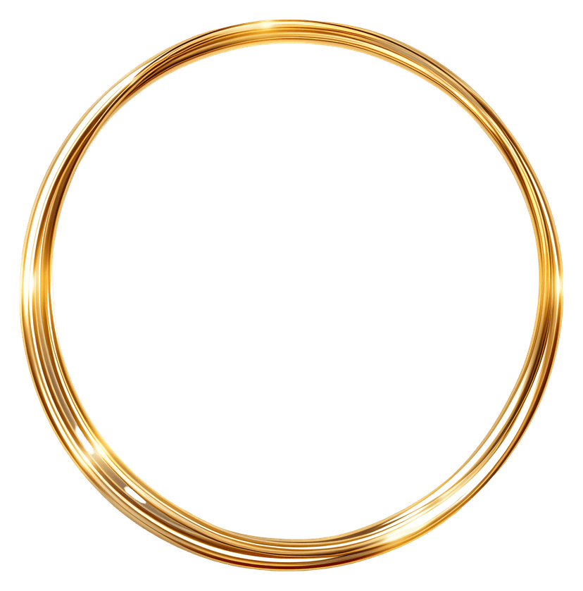 Gold circular frame with reflective metallic surfaces and 3D depth isolated on a transparent background.