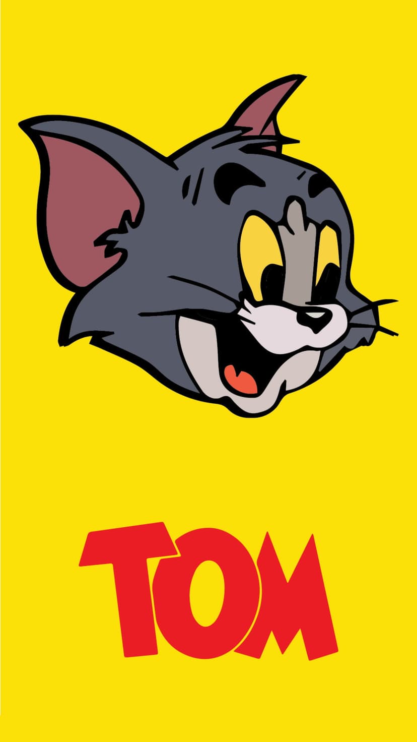 Tom Cat's grey head with a mischievous smirk sits above bold red text on a bright yellow flat background.