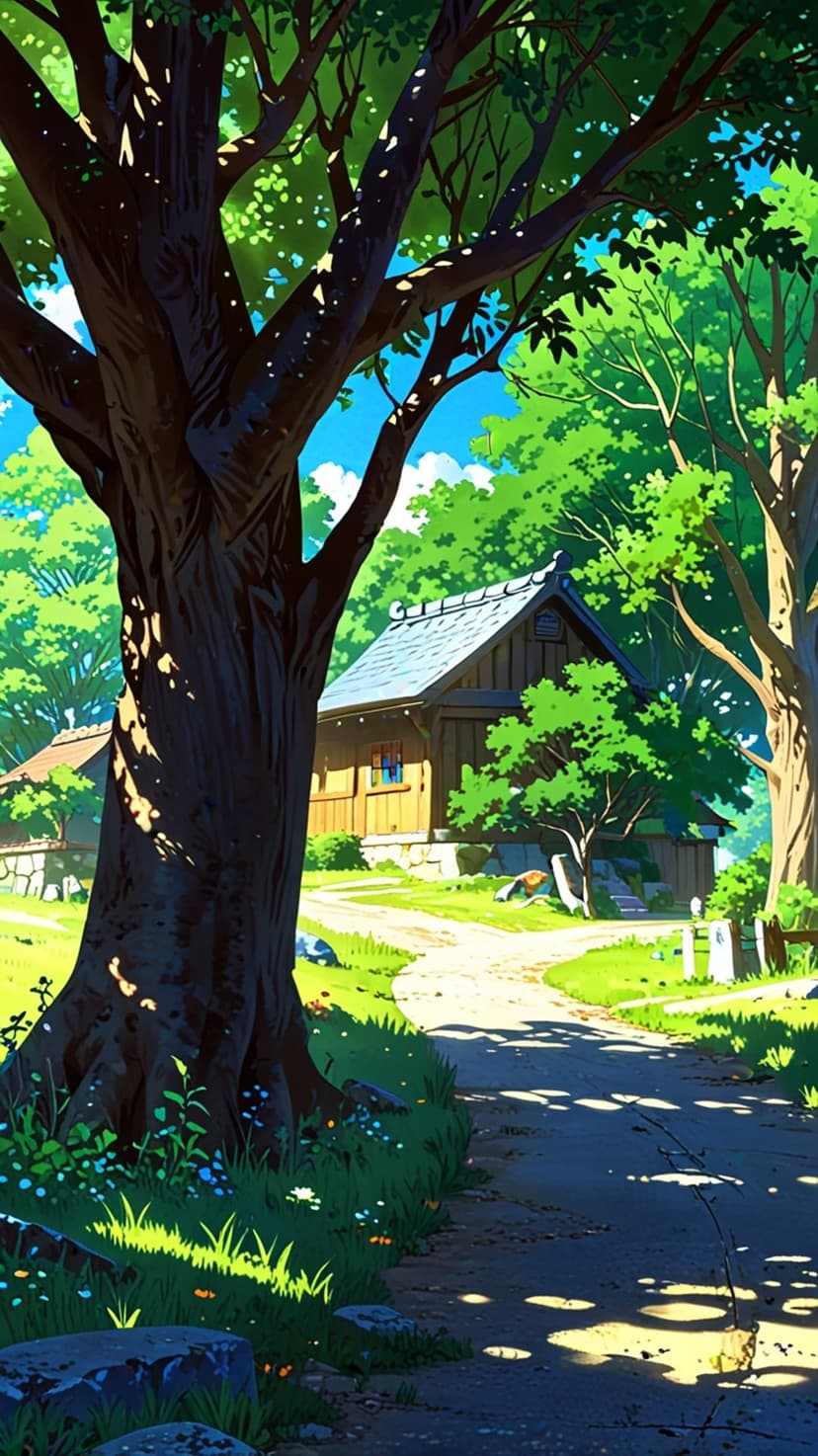 Rustic wooden cabin at the end of a winding dirt path through a sun-drenched green forest under a clear blue sky.