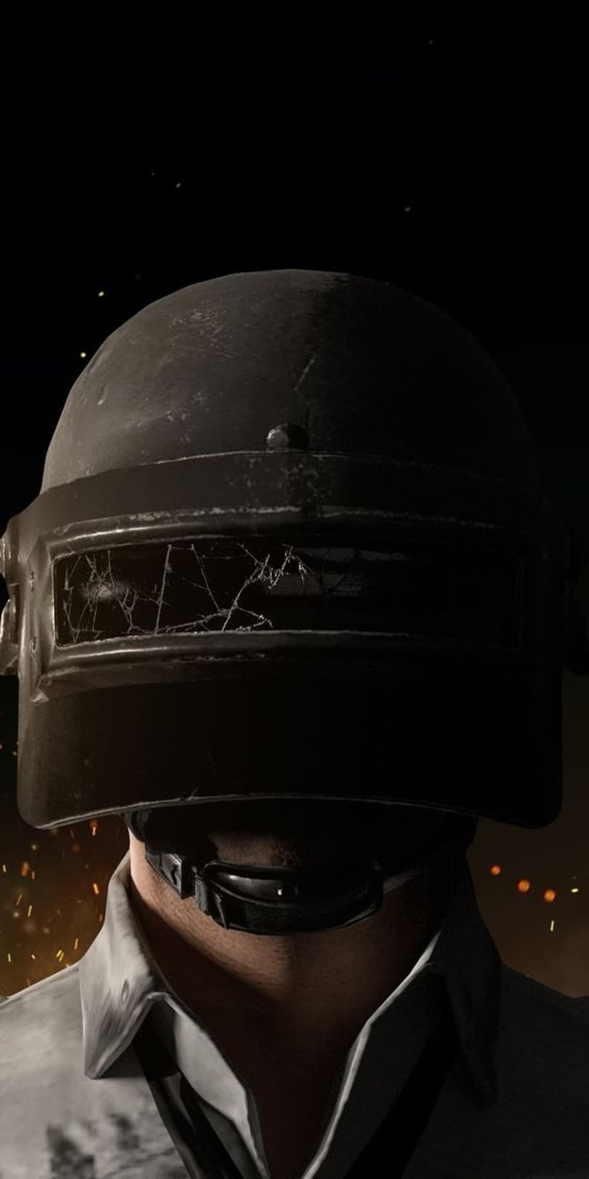 Level 3 helmet with a cracked visor glows orange against a dark background filled with sparks and smoke.