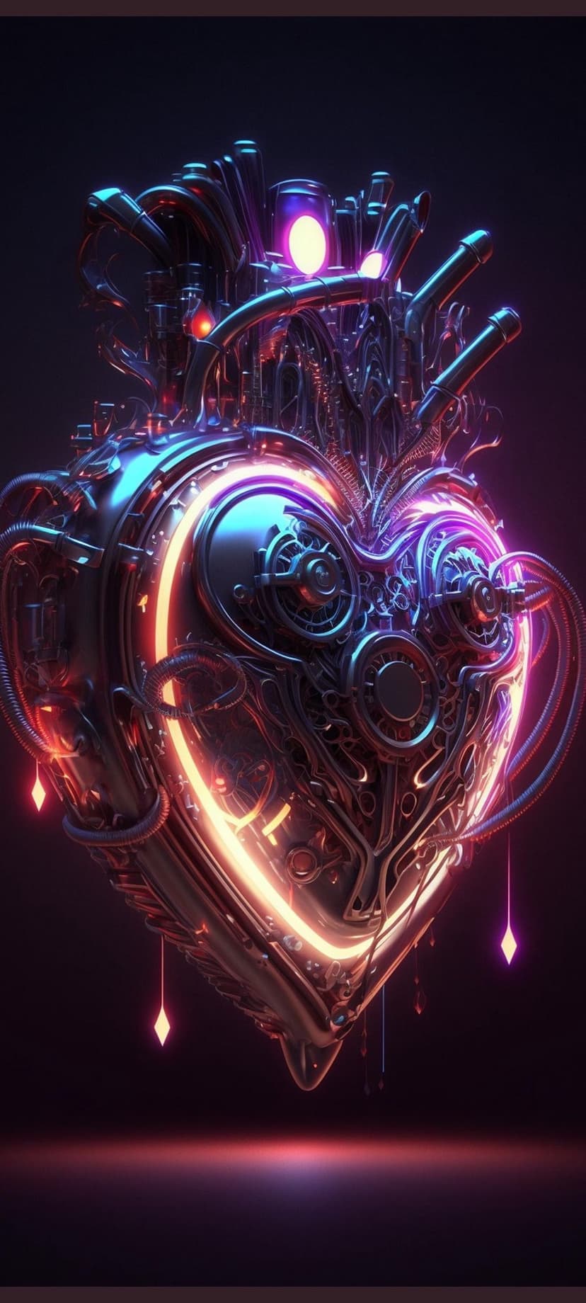 Mechanical heart sculpture with glowing orange gears and purple neon pipes against a dark atmospheric background.