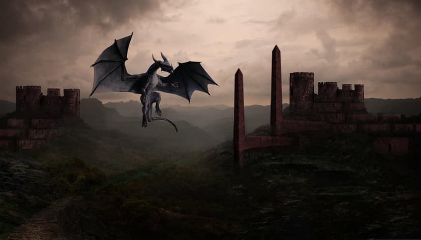 Winged dragon soaring toward dark castle ruins and twin stone obelisks under a heavy, overcast storm sky.