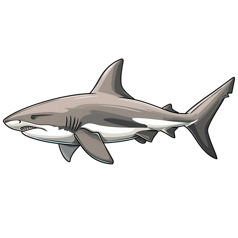 Great white shark swimming with an open mouth showing sharp teeth against a transparent background.