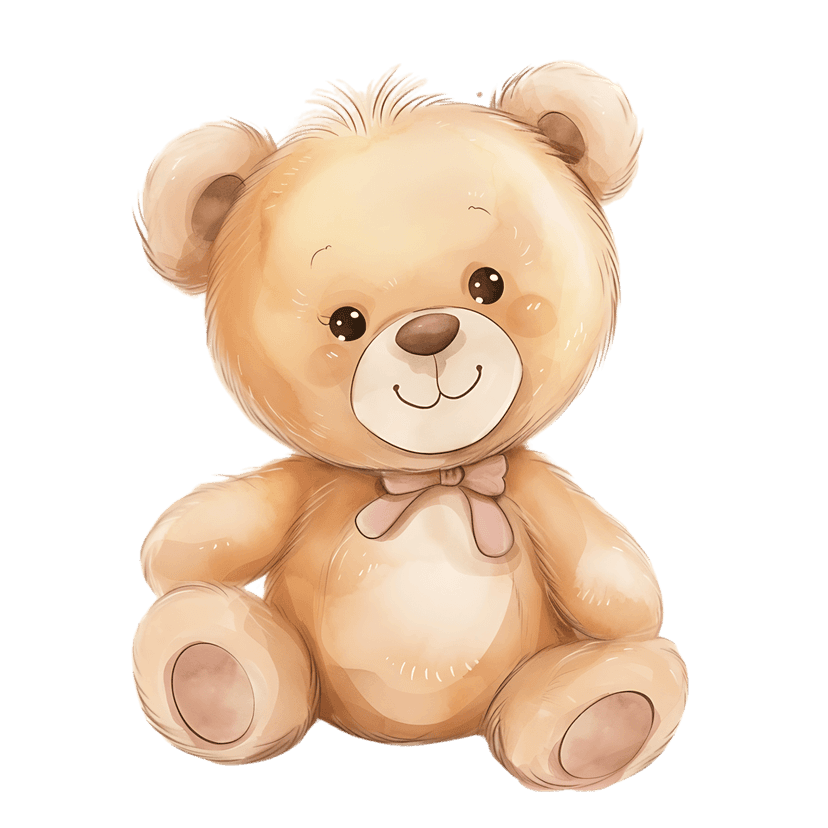 Watercolor teddy bear sitting upright featuring soft brown fur and a pastel pink ribbon tied around its neck.