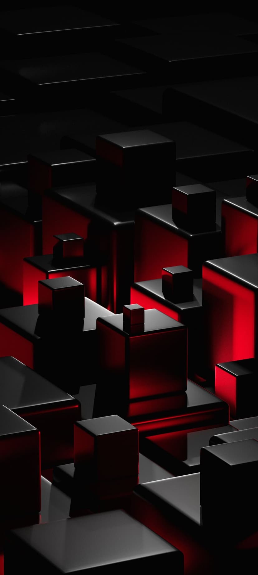 Black glossy cubes of different sizes stacked together under a vibrant red light with sharp shadows and reflections.