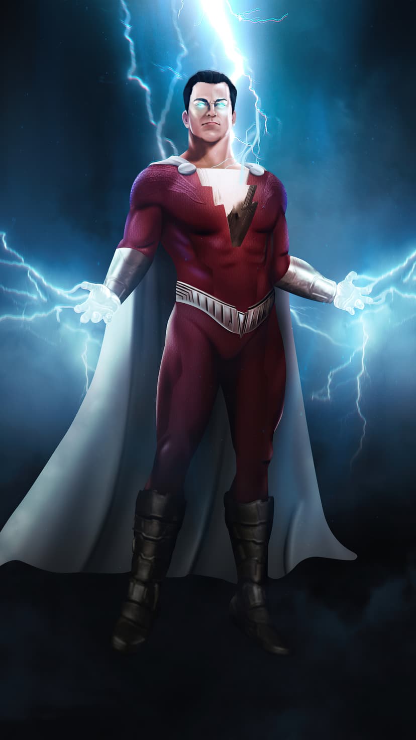 Shazam clenches his fist in a red suit as blue lightning crackles against a dark stormy sky with glowing eyes.