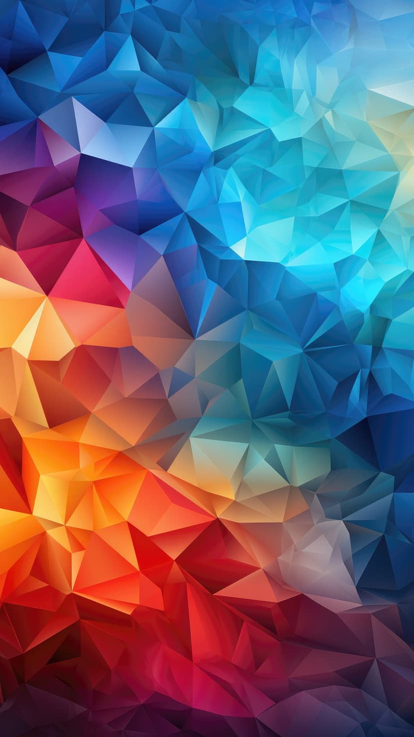 Low poly geometric polygons in a warm-to-cool gradient of red, orange, purple, and blue faceted surfaces.