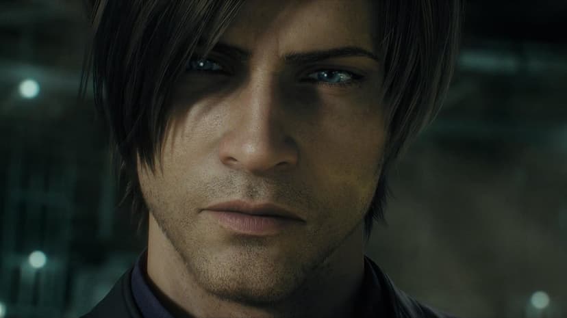 Leon S. Kennedy's intense face with blue eyes and dramatic lighting on a dark blurred cinematic background.