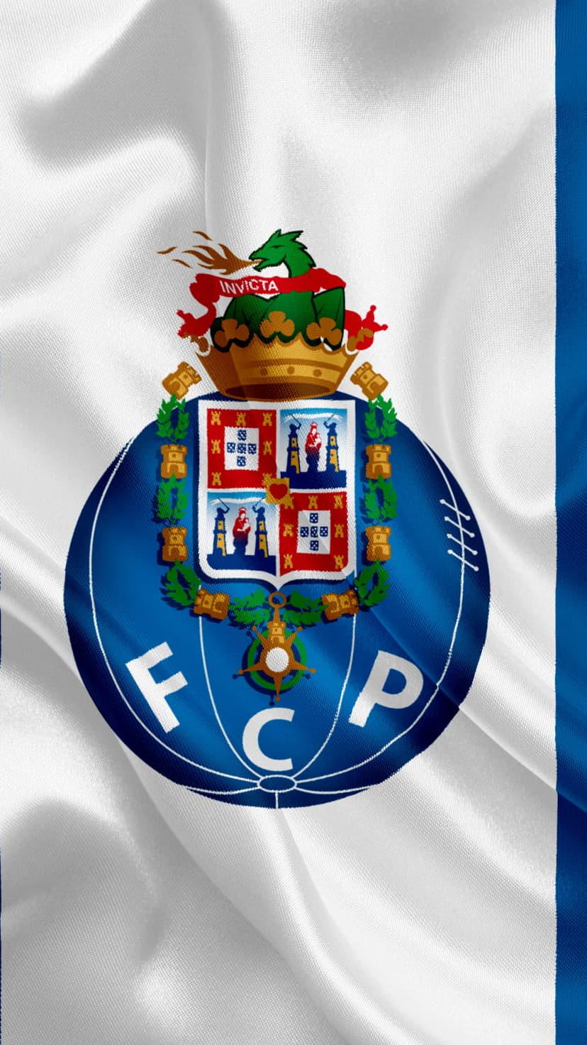 FC Porto crest featuring a green dragon and gold crown on a rippling blue and white striped fabric background.