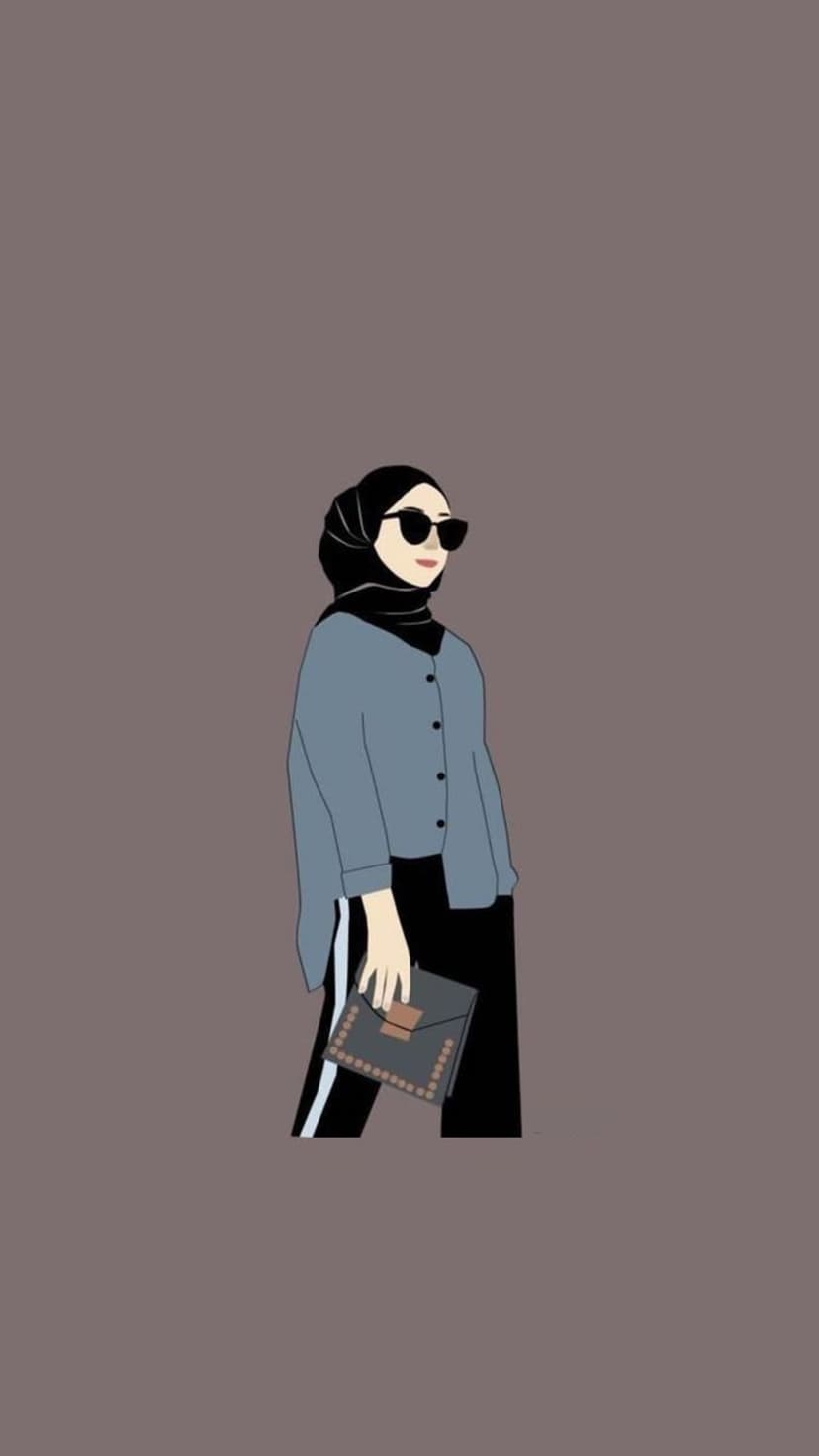 Woman wearing a black hijab, sunglasses, and a light blue shirt holds a clutch against a muted backdrop.