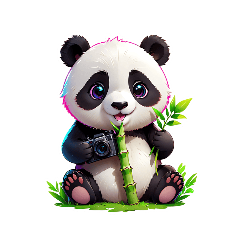 Fluffy panda sticker illustration holding a camera and bamboo on grass with neon pink and blue glow outlines.