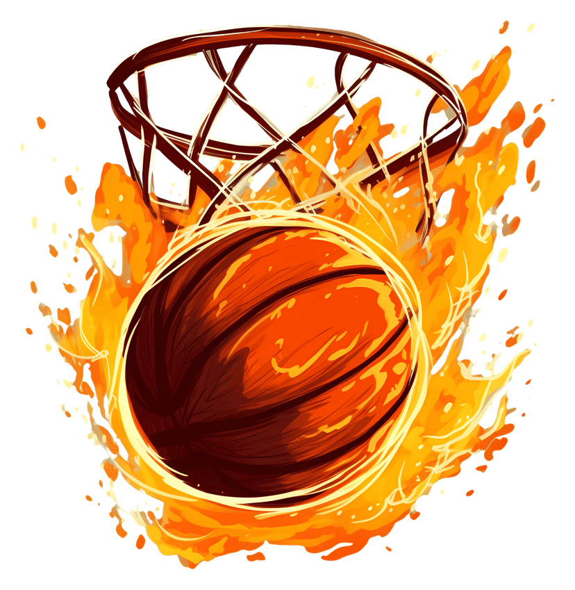 Flaming basketball illustration showing an orange sphere trailing realistic red and yellow fire against transparency.