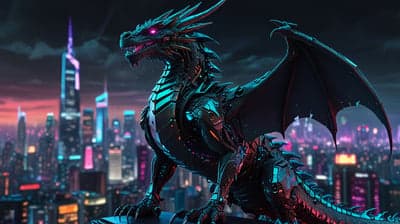 Mechanical Cyberpunk Dragon Neon Cityscape Wallpaper