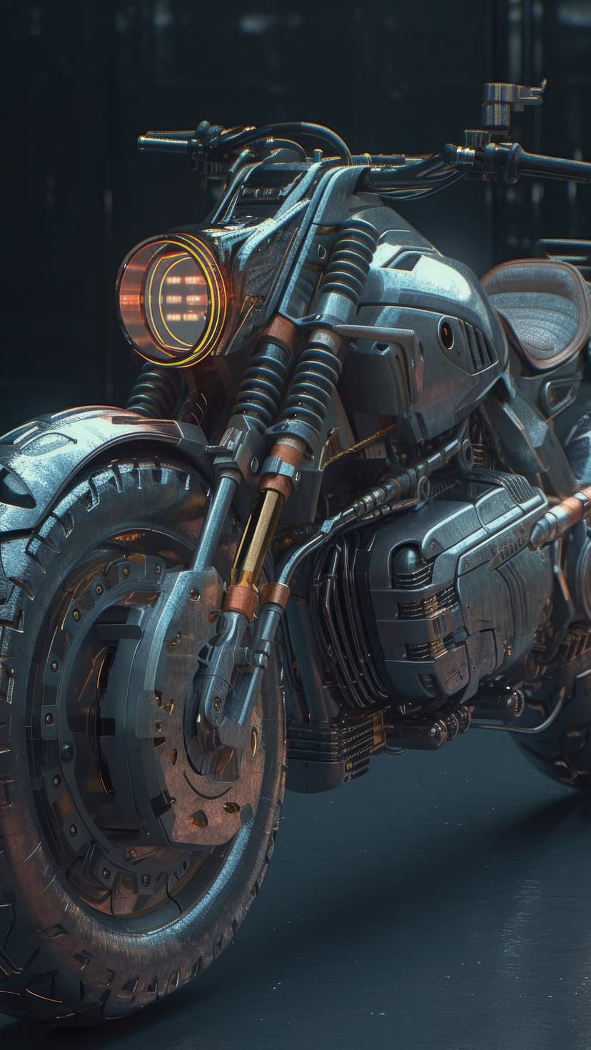Steampunk motorcycle with a glowing orange circular headlight, weathered metallic gears, and a rugged tire tread.