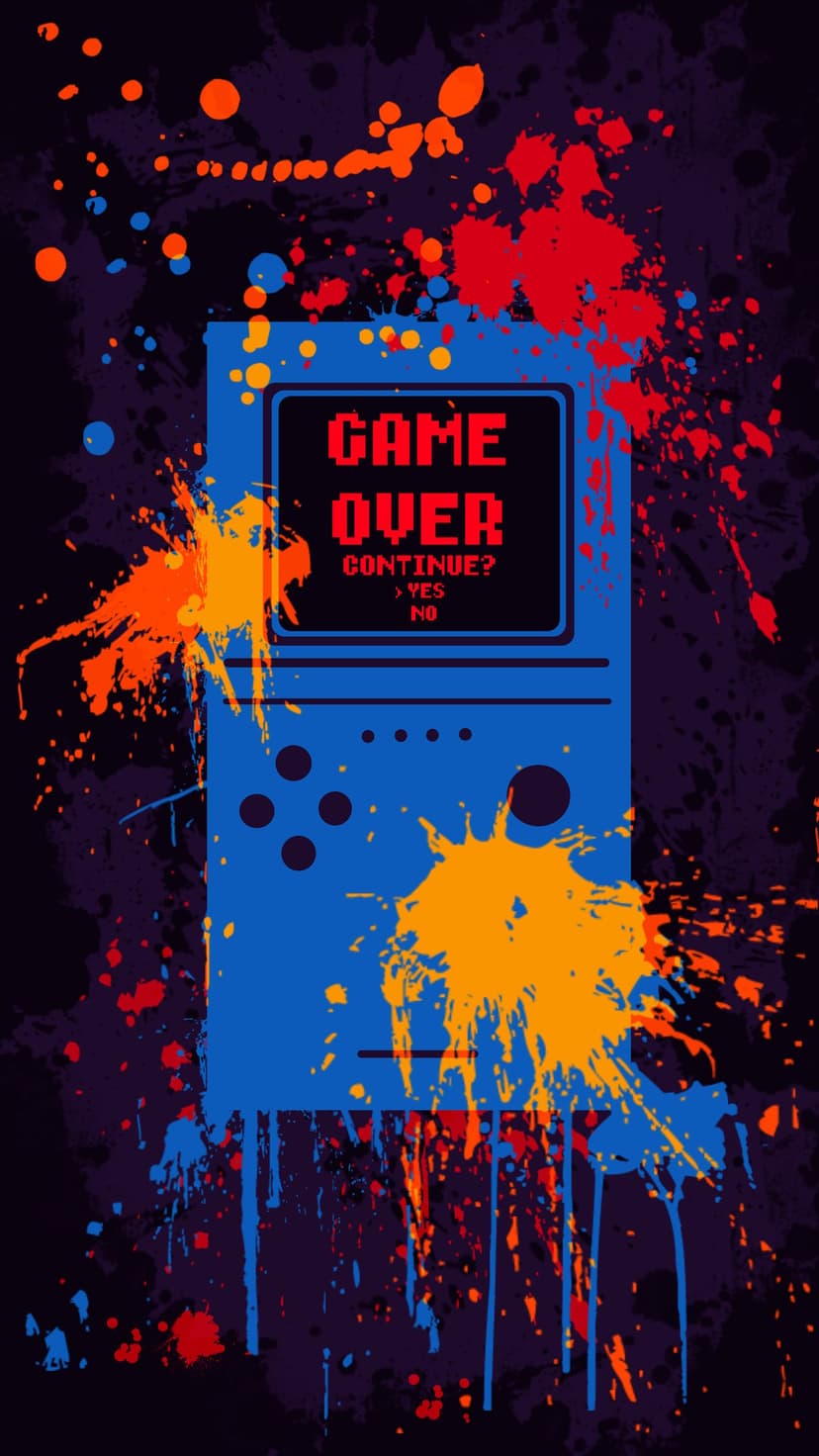 Vintage handheld console with a glowing game over screen surrounded by red and blue paint splatters on black.