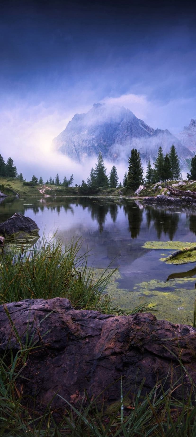 Fog-covered mountain peaks reflect in a calm alpine lake with mossy rocks and green grass in the foreground.