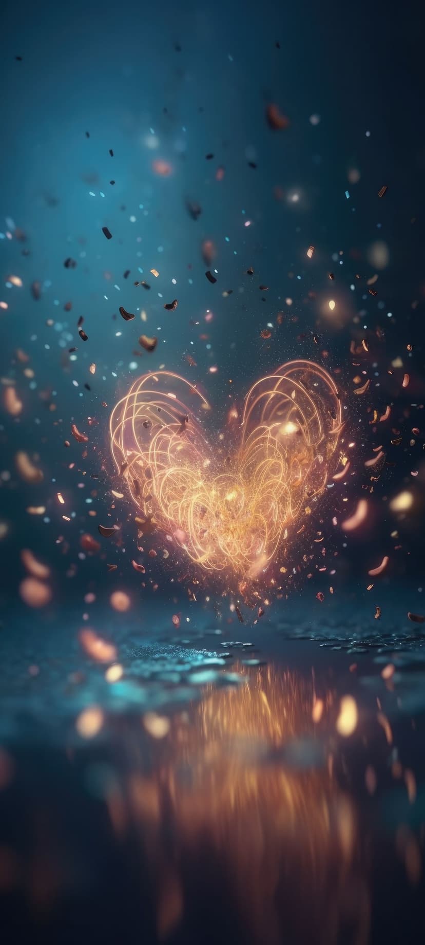 Glowing golden heart composed of light swirls suspended above a dark reflective floor with falling sparkles.