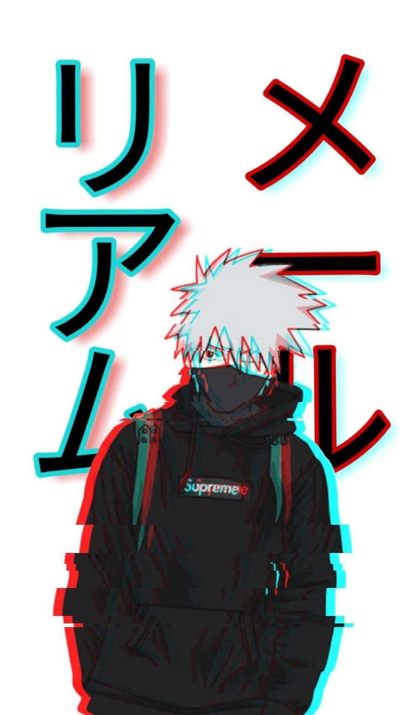 Kakashi Hatake wears a red hoodie with Japanese text overlays and blue and red chromatic aberration glitch effects.