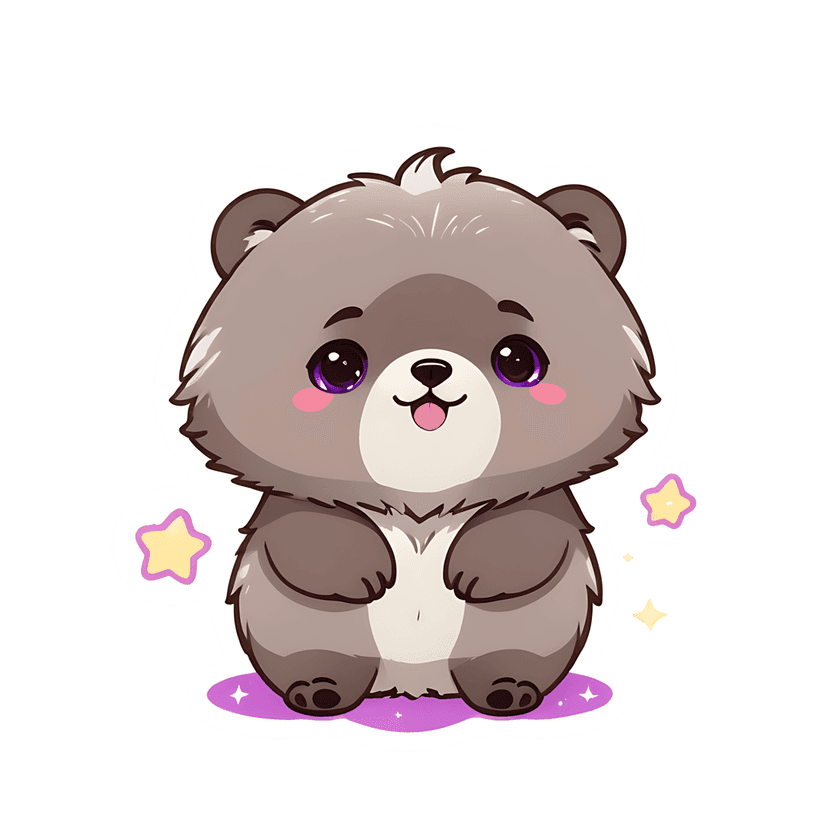 Grey bear sticker featuring purple eyes and fluffy fur texture sitting on a star surface with white outlines.