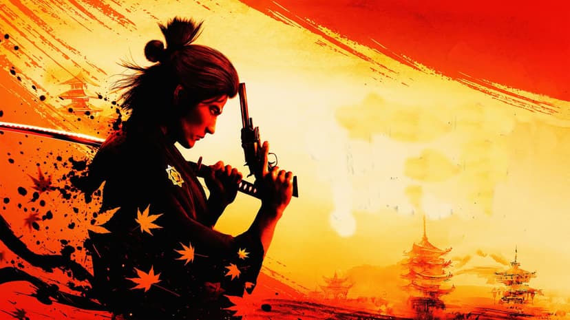 Yakuza fighter dual wielding katana and handgun stands in a cinematic 3D combat pose with dramatic lighting.