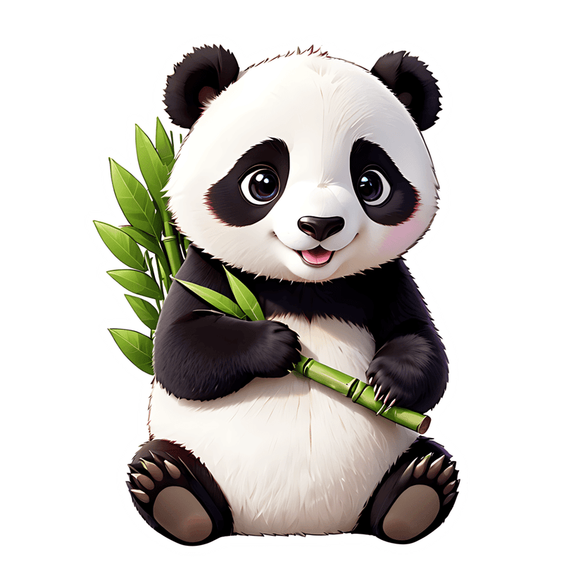 Panda sticker illustration holding green bamboo features soft white fur, black patches, and a thick white outline.