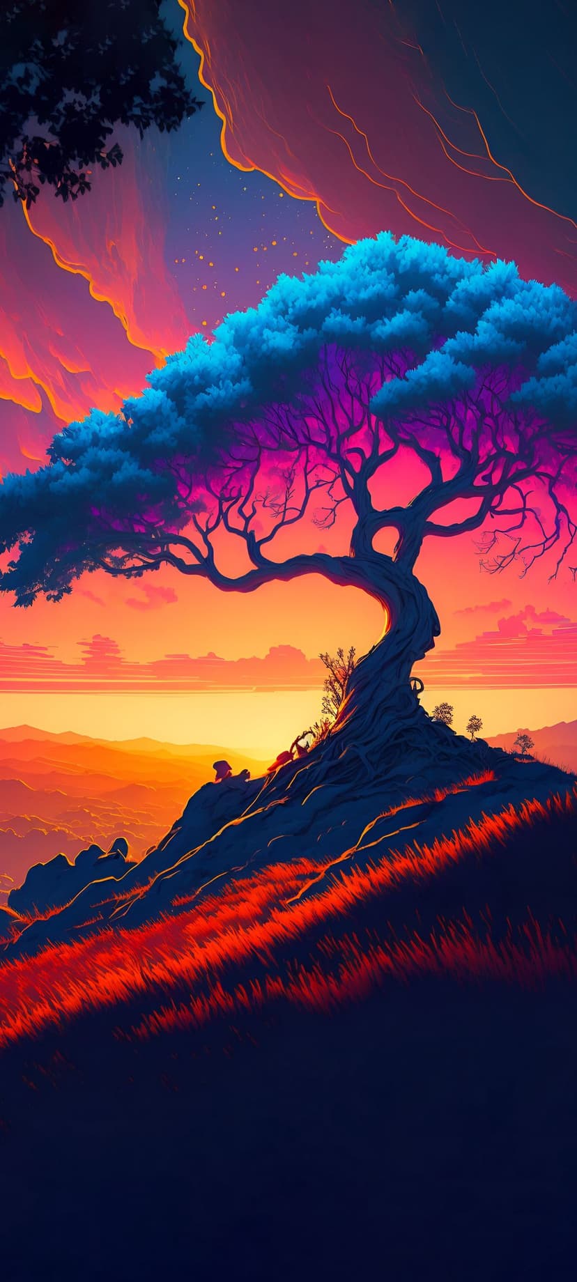 Gnarled tree with glowing purple leaves stands in a red field under a vivid orange and magenta sunset sky.