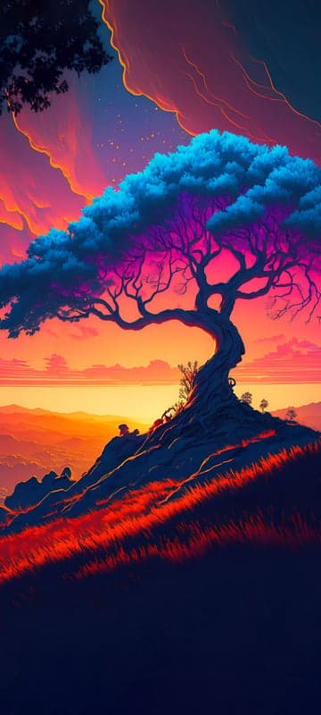 Vibrant alien tree against a surreal sunset sky