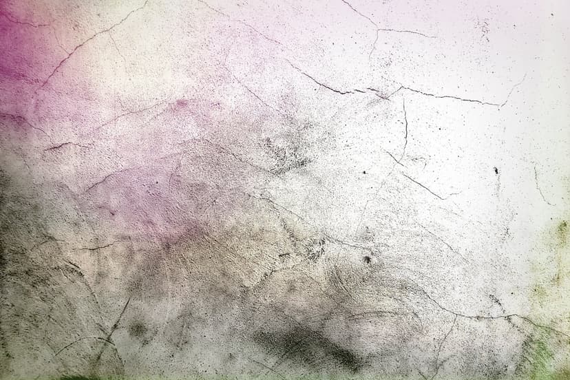 Cracked concrete wall surface with faded pink and green watercolor stains and intricate weathered fissures.