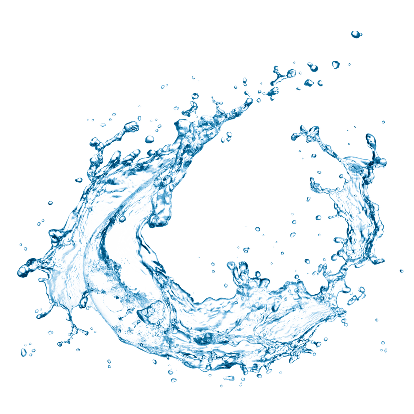 Water splash liquid freezes motion with crystalline blue droplets and transparent refraction against a void.