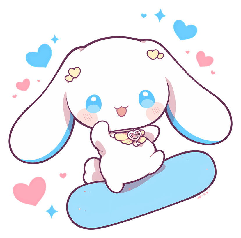 Rabbit character illustration with blue ears and pink hearts floats centered on a transparent background.