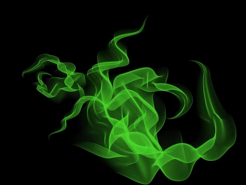 Luminous green smoke plumes twist and swirl against a solid black background, creating fluid organic shapes.