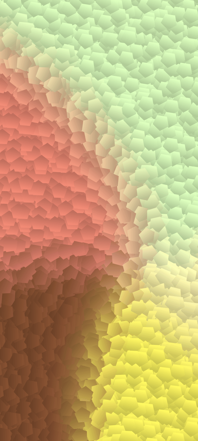 Overlapping pentagonal tiles in green and coral earth tones featuring a fine stippled surface texture.