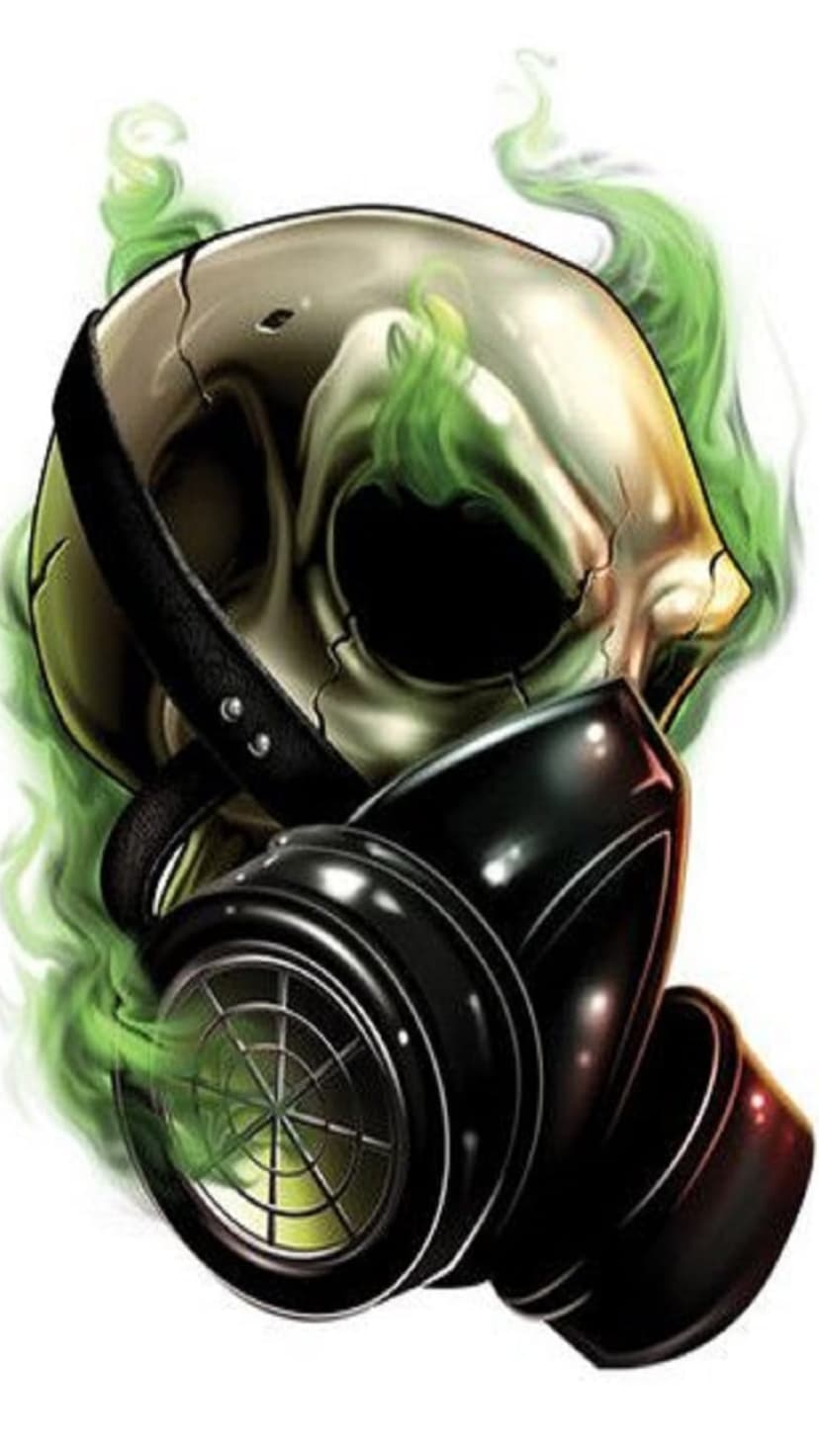 Cracked skull wearing a black tactical gas mask with thick luminous green smoke pouring from the side filters.