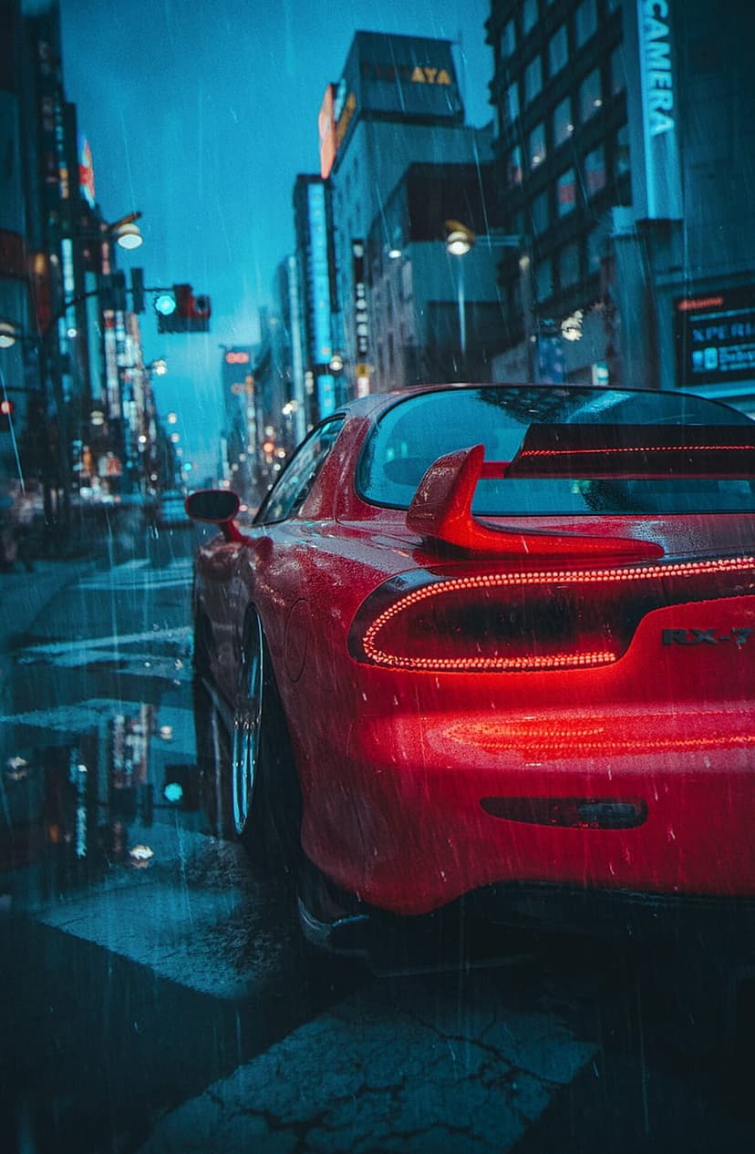 Red Mazda RX7 with glowing taillights driving on a wet city street illuminated by blue and pink neon signs.