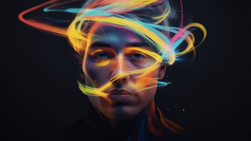 Man's shadowed face partially hidden by swirling neon light trails of blue, orange, and purple hues.